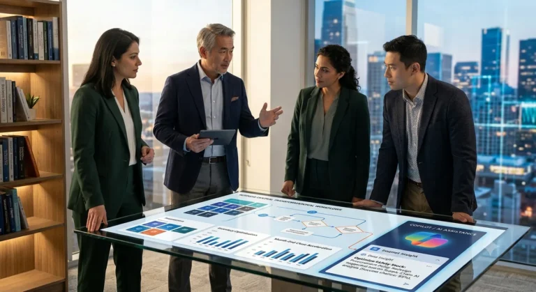 Consultants reviewing Business Central workflows and Copilot AI insights on an interactive table