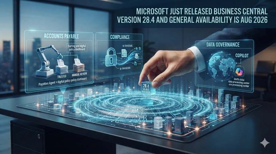 Illustration representing Microsoft Dynamics 365 Business Central 28.4 update covering accounts payable automation, compliance e-invoicing, and data governance